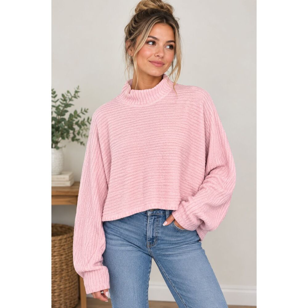Pilcro Medium M Pink Ribbed Mock Neck Cropped Sweater Boxy Coquette Balletcore